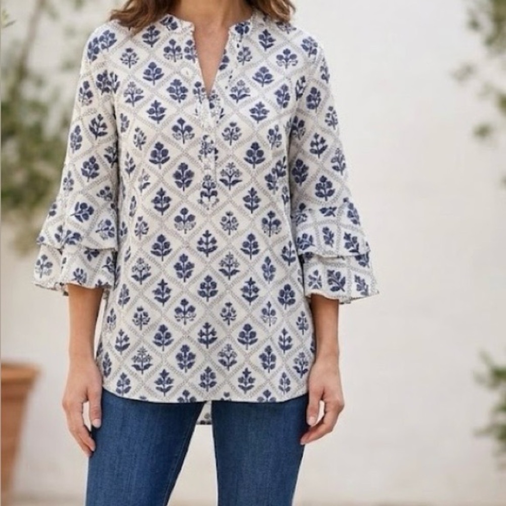 Madison Matthew’s boho floral blue white cotton tunic tiered ruffle sleeve Small